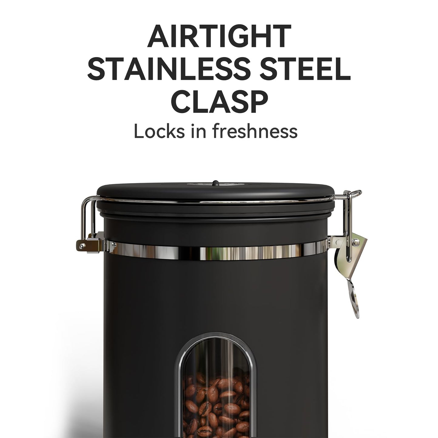 Veken Coffee Canister with Window,Airtight Stainless Steel Container,Home Kitchen Food Storage Organizers for Grounds,Beans,Espresso,Rice,Tea,Sugar,Cereal, Flour,Scoop,Bar Accessories,Gifts,22OZ,Black