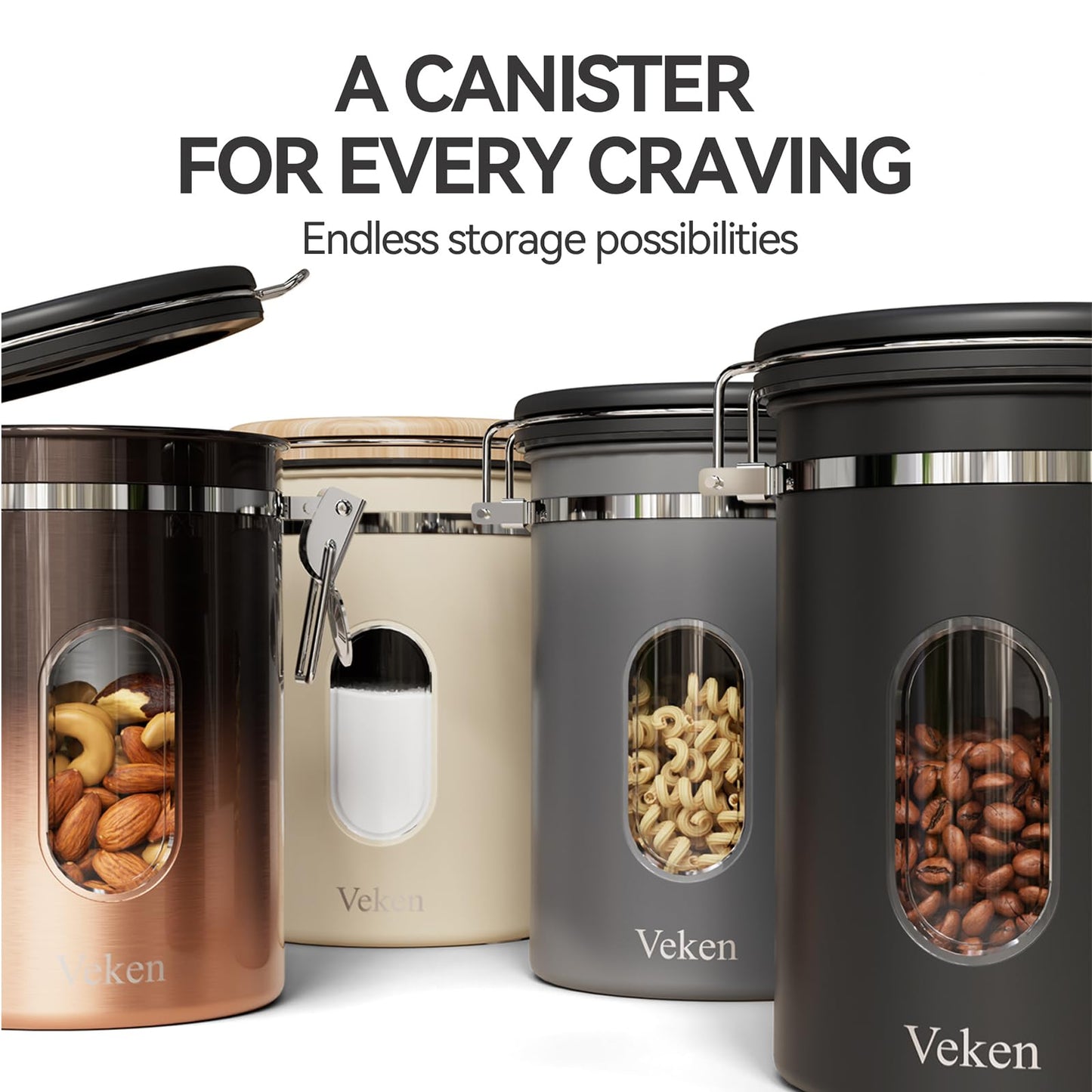 Veken Coffee Canister with Window,Airtight Stainless Steel Container,Home Kitchen Food Storage Organizers for Grounds,Beans,Espresso,Rice,Tea,Sugar,Cereal, Flour,Scoop,Bar Accessories,Gifts,22OZ,Black