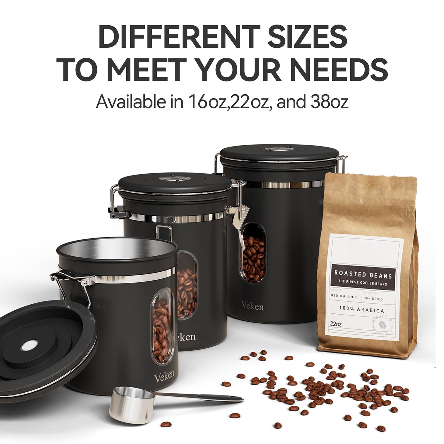 Veken Coffee Canister with Window,Airtight Stainless Steel Container,Home Kitchen Food Storage Organizers for Grounds,Beans,Espresso,Rice,Tea,Sugar,Cereal, Flour,Scoop,Bar Accessories,Gifts,22OZ,Black