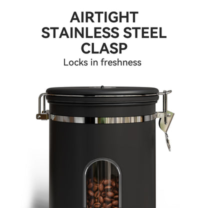 Veken Coffee Canister with Window,Airtight Stainless Steel Container,Home Kitchen Food Storage Organizers for Grounds,Beans,Espresso,Rice,Tea,Sugar,Cereal, Flour,Scoop,Bar Accessories,Gifts,22OZ,Black