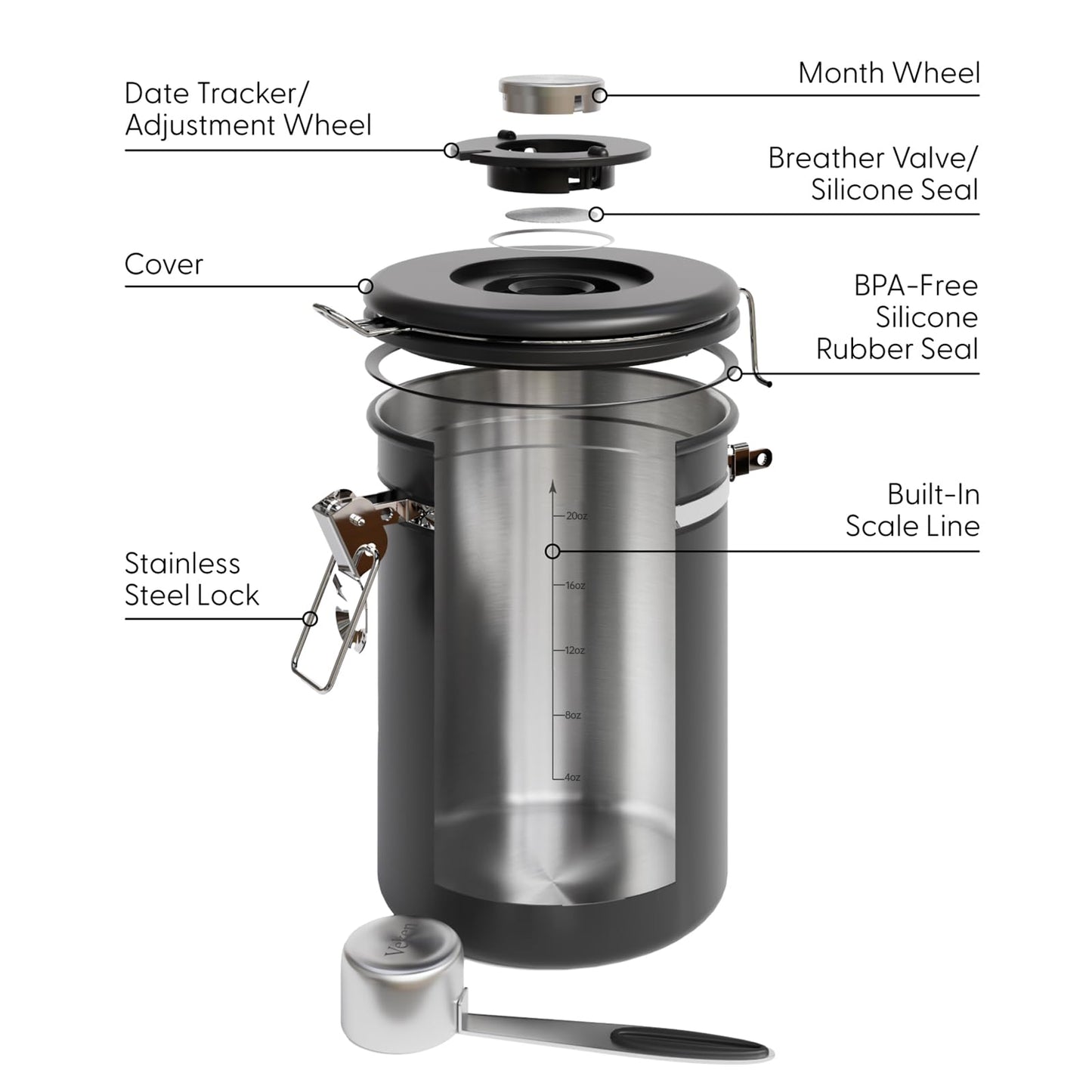 Veken Coffee Canister with Window,Airtight Stainless Steel Container,Home Kitchen Food Storage Organizers for Grounds,Beans,Espresso,Rice,Tea,Sugar,Cereal, Flour,Scoop,Bar Accessories,Gifts,22OZ,Black