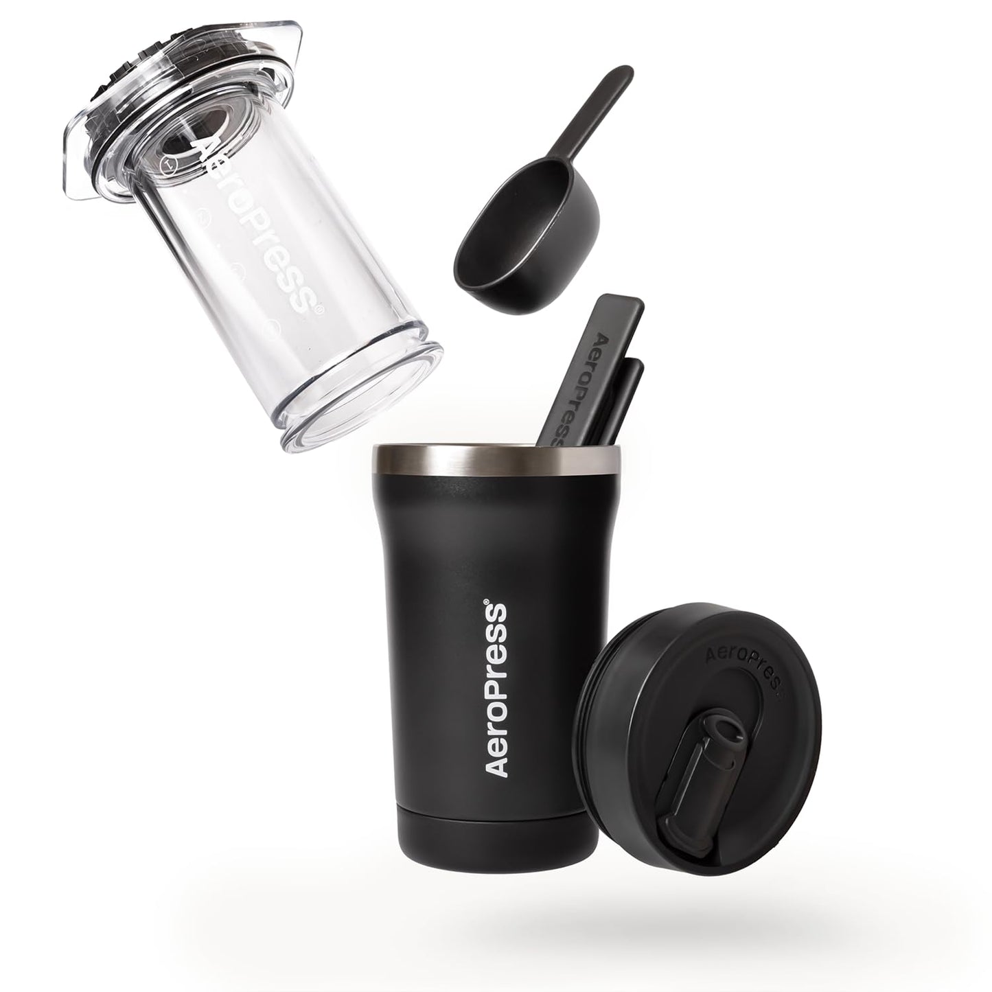 AeroPress Go Plus, Small Portable Coffee Maker Kit, Travel, Camping & Office, All-in-One French Press, Pour-Over & Espresso Style Manual Brewer, 2 Min Brew for Less Bitterness, More Flavor, Black