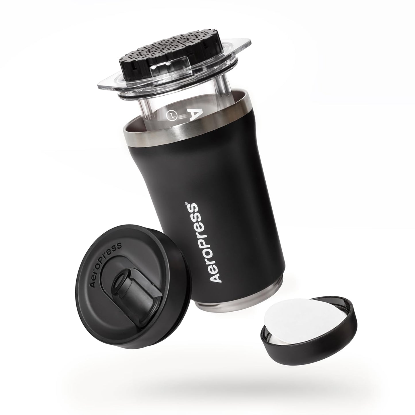 AeroPress Go Plus, Small Portable Coffee Maker Kit, Travel, Camping & Office, All-in-One French Press, Pour-Over & Espresso Style Manual Brewer, 2 Min Brew for Less Bitterness, More Flavor, Black