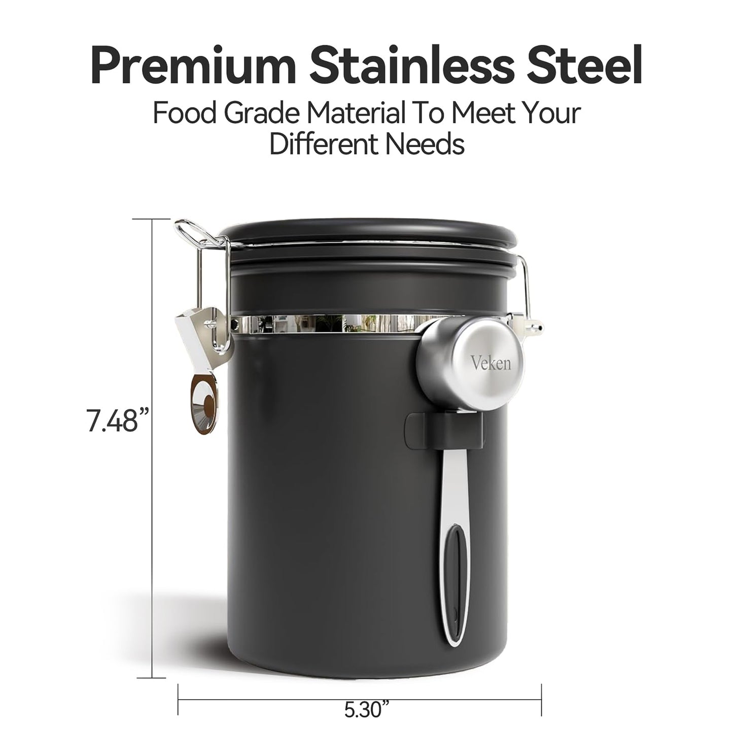 Veken Coffee Canister with Window,Airtight Stainless Steel Container,Home Kitchen Food Storage Organizers for Grounds,Beans,Espresso,Rice,Tea,Sugar,Cereal, Flour,Scoop,Bar Accessories,Gifts,22OZ,Black