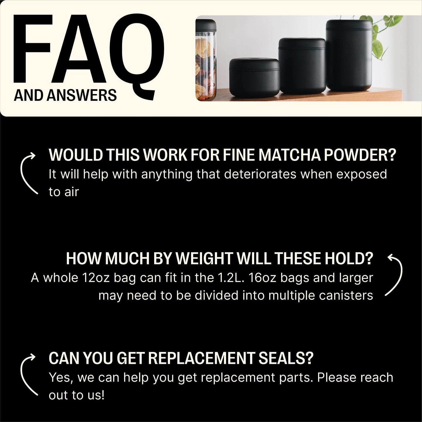 Fellow Atmos Vacuum Coffee Canister & Food Storage Container - 1.2 Liter Canister holds up to 16 oz of Coffee Beans - Airtight Food Storage Containers -1.2 Liter - Matte Black