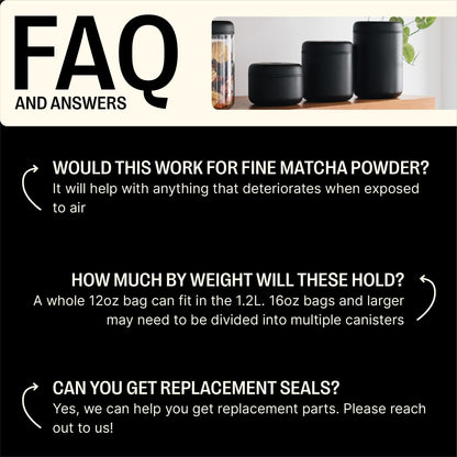 Fellow Atmos Vacuum Coffee Canister & Food Storage Container - 1.2 Liter Canister holds up to 16 oz of Coffee Beans - Airtight Food Storage Containers -1.2 Liter - Matte Black